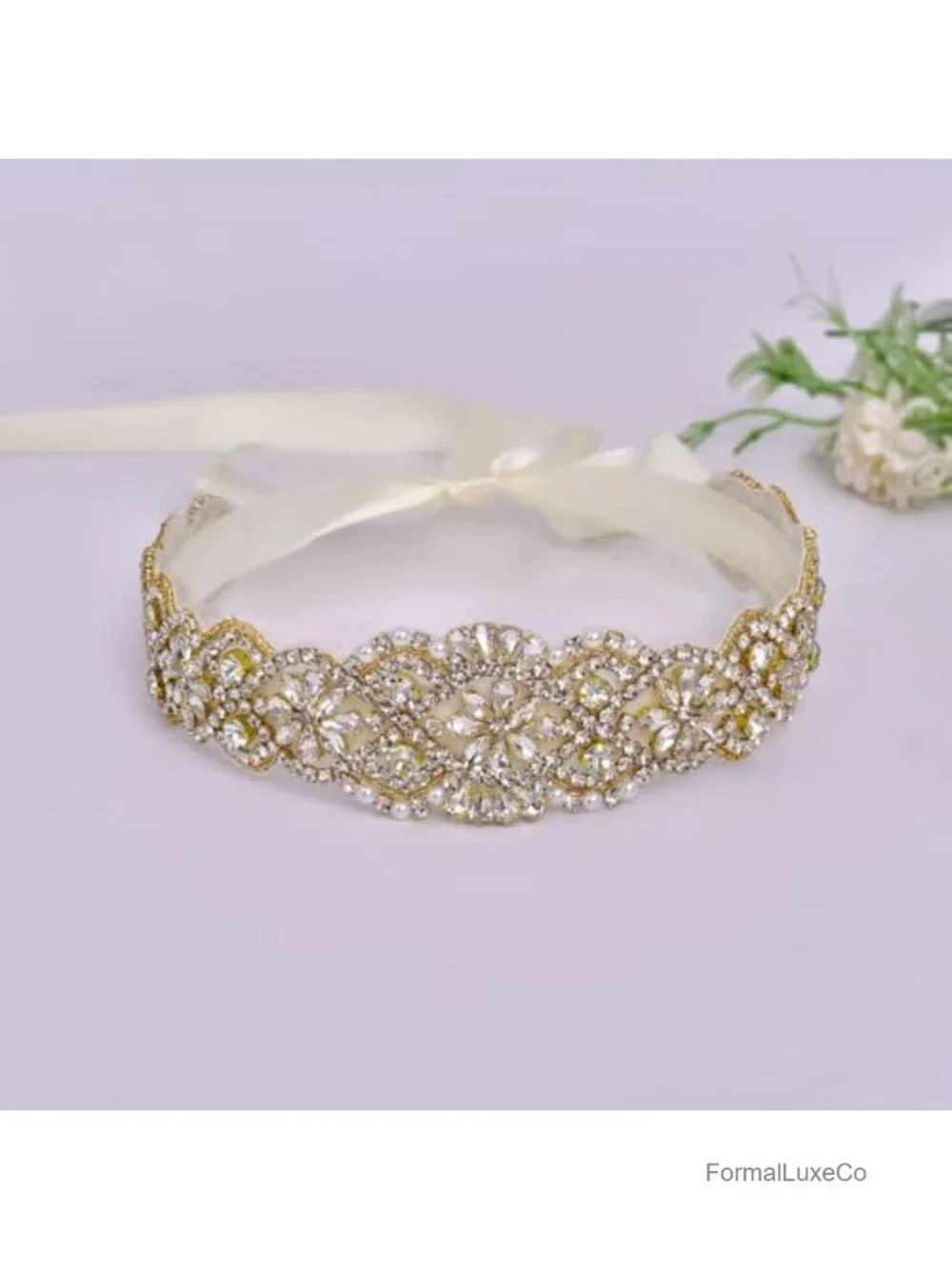 Handmade Rhinestone & Pearl Wedding Sash Belt with Satin Ribbon for Gowns